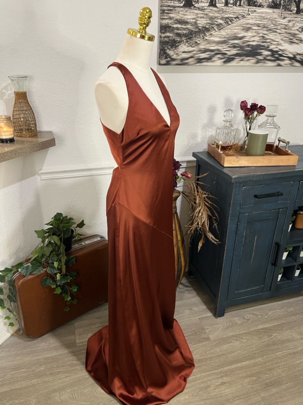 Lulu’s Satin V-Neck Slip Gown in Copper Brown NWT Medium - Picture 12 of 16
